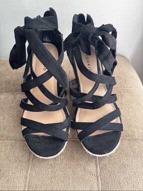 Torrid Black Strappy Wedge Sandals with Ankle Wraps